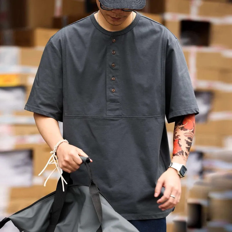 American retro Henry collar men's 240g multi button casual polo shirt