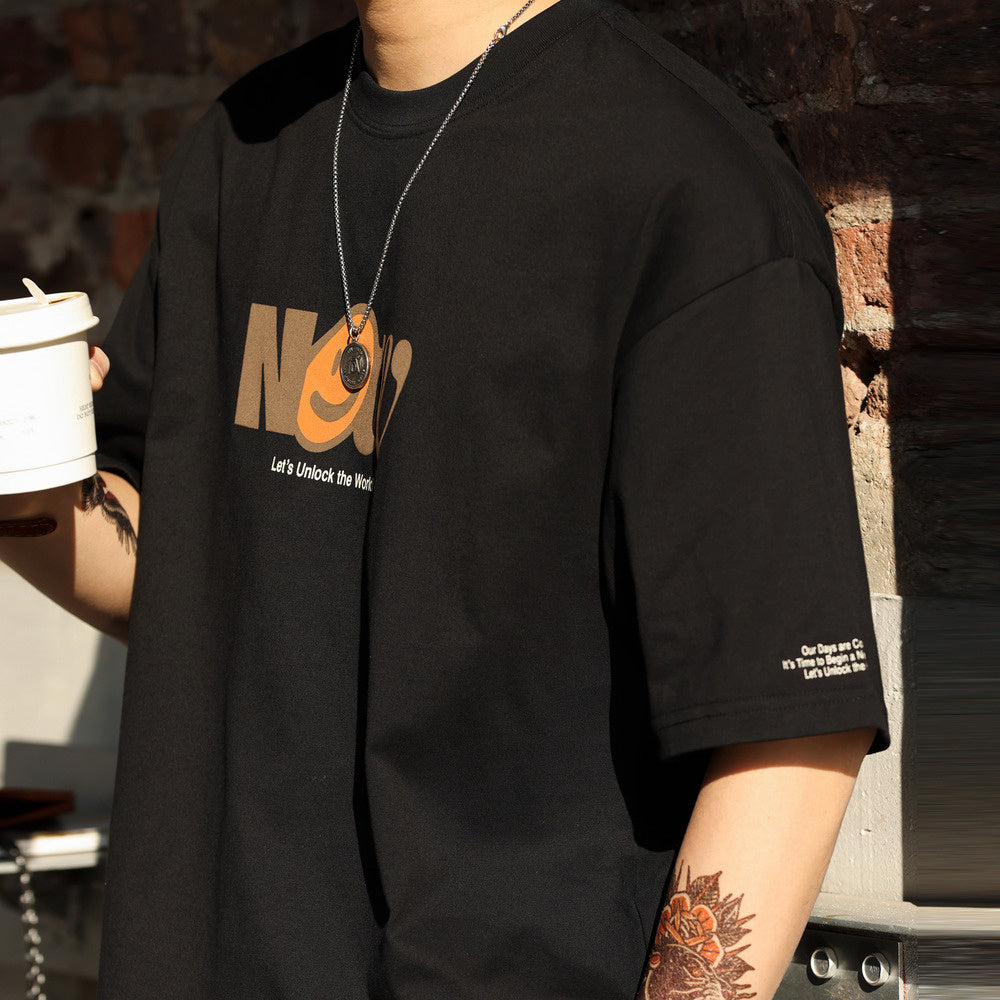 230g men's pure cotton sports and leisure printed round neck short sleeved T-shirt