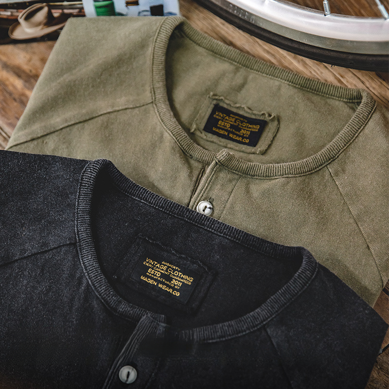 Maden Japanese retro distressed Henry neck elastic slim fit short sleeved T-shirt