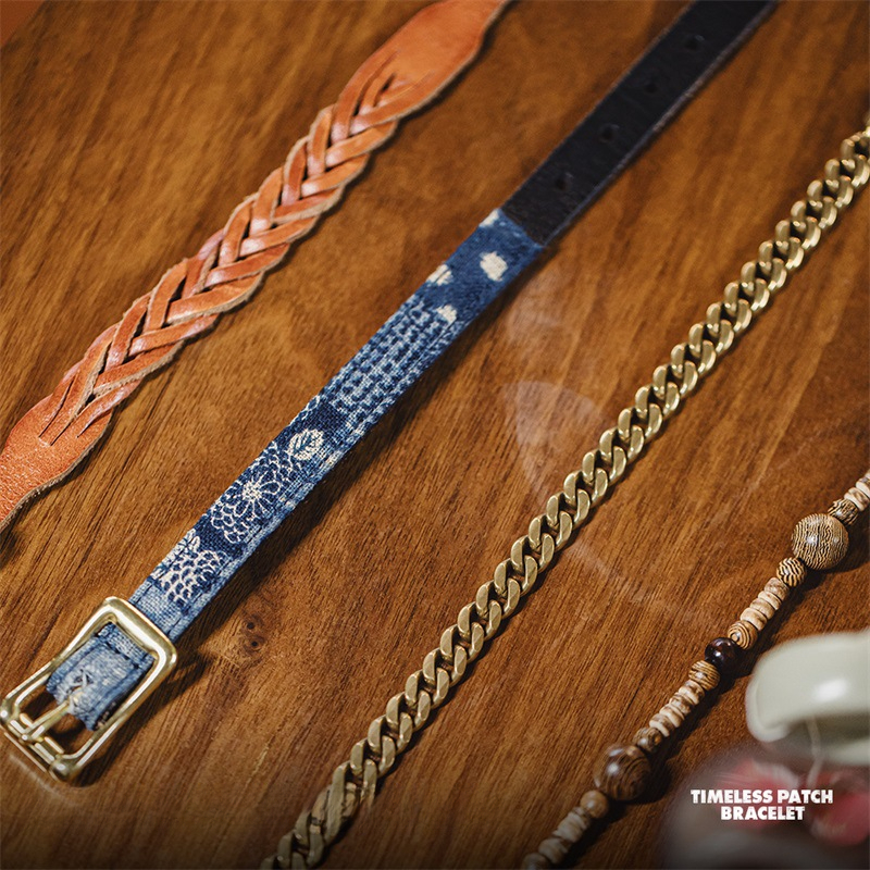 Maden Vintage Splicing Bracelet Brass Head Layer Plant Tanned Cowhide Bracelet