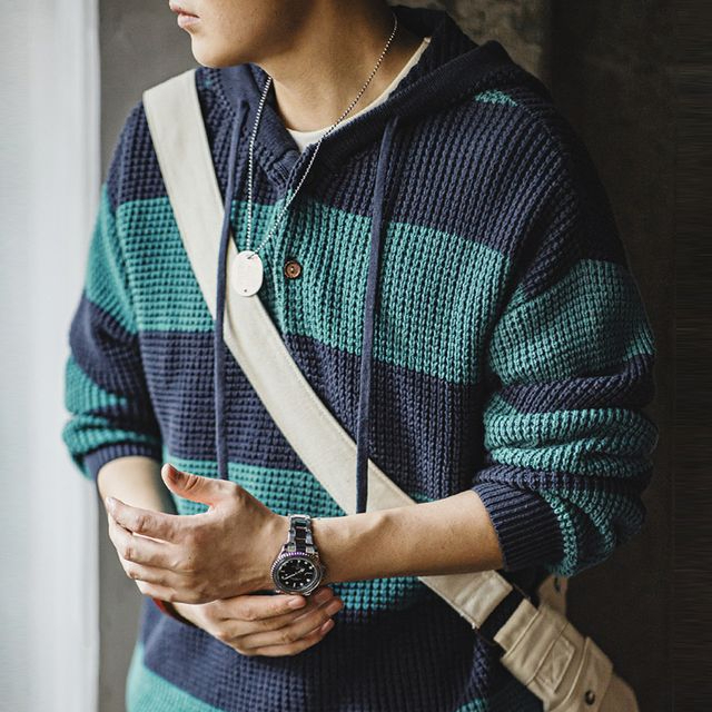  casual contrasting striped hooded knit sweater, college style sweater, loose pullover hoodie