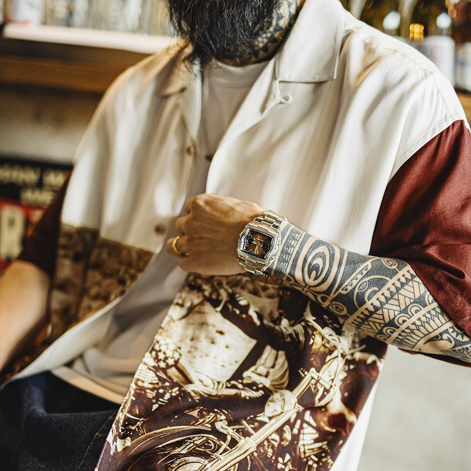 American Retro Color-Block Cuban Collar Shirt Draped Full Print Thin Polo Shirt