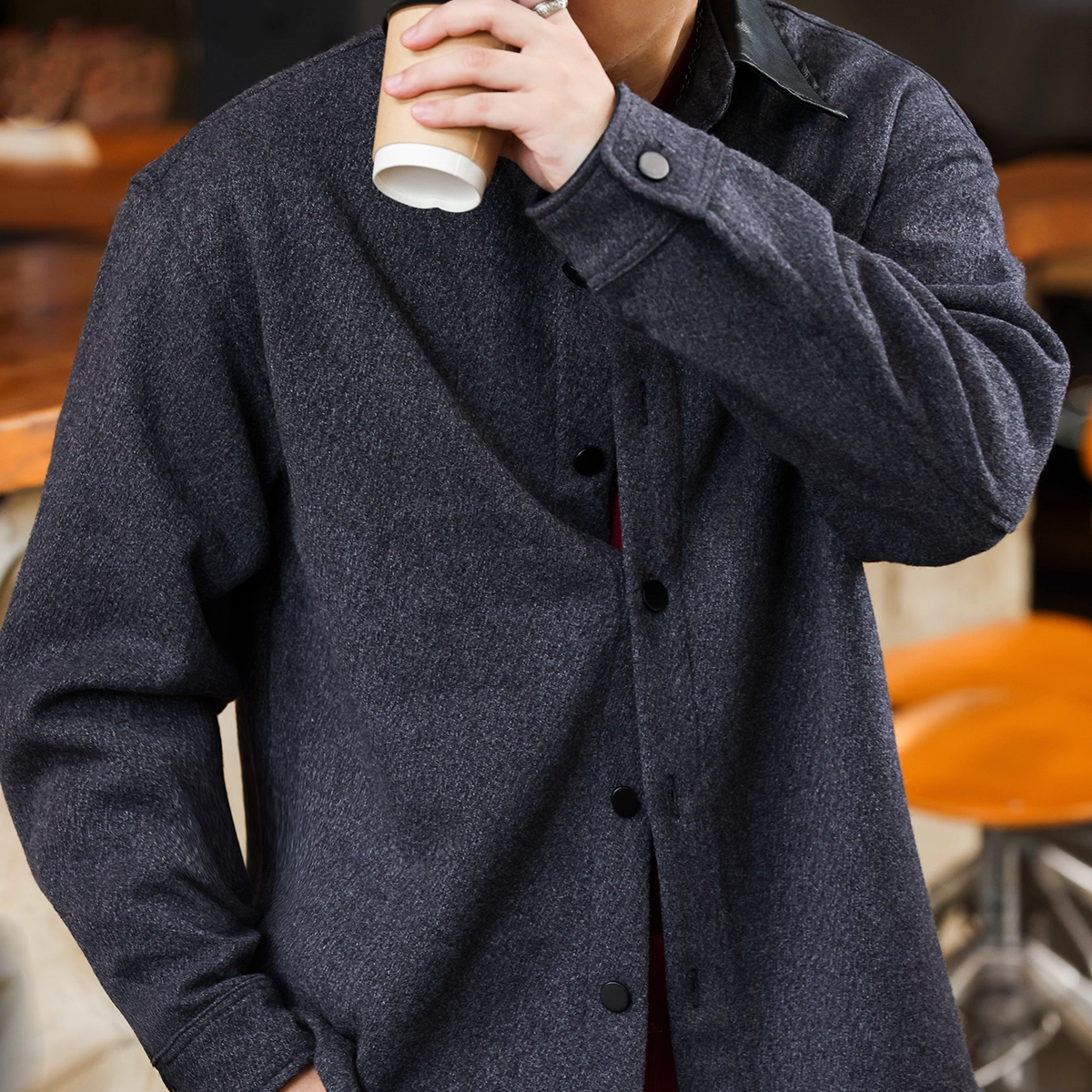 American Retro 720g Woolen Men'S Spliced Leather Lapel Jacket