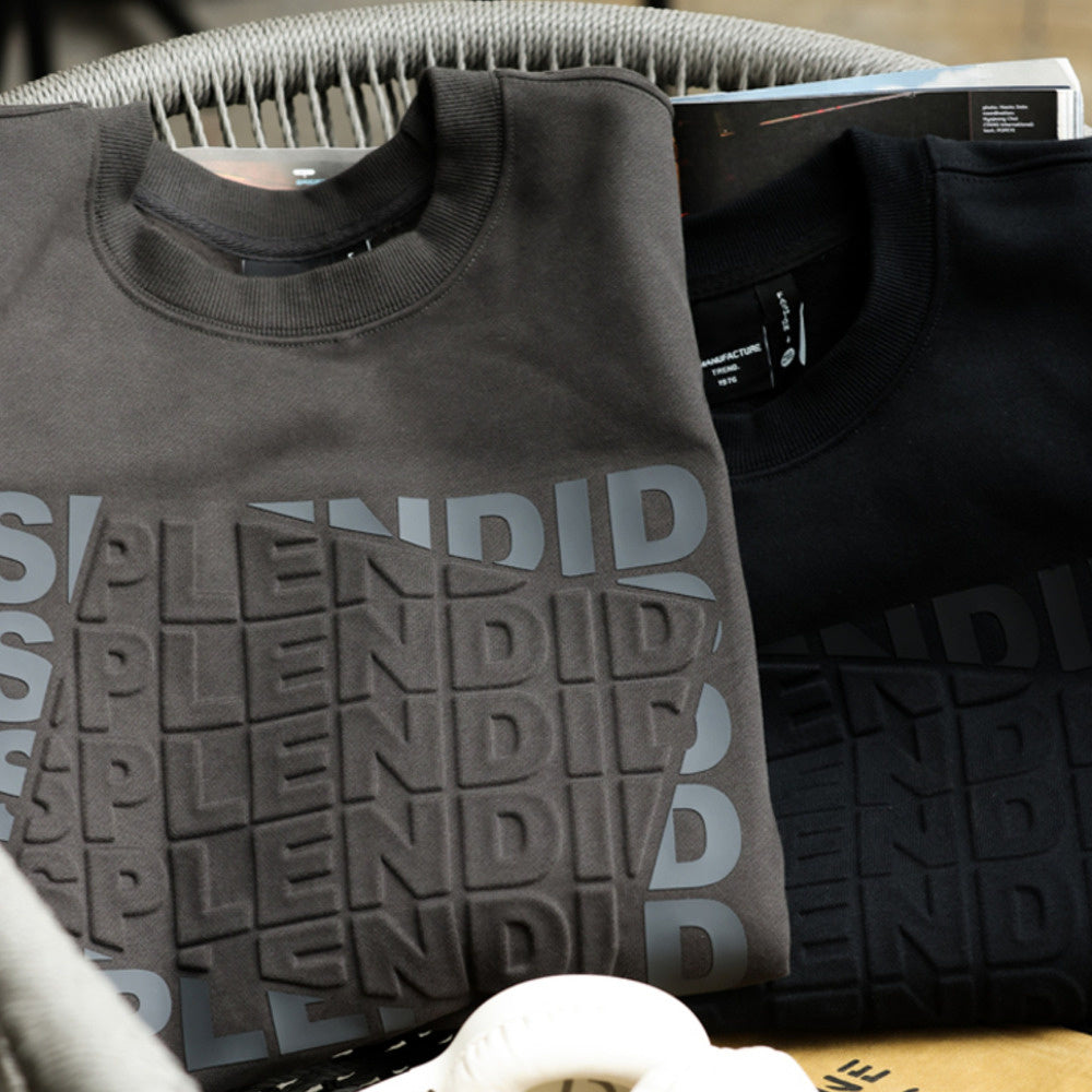 Retro fleece letter printed round neck sweatshirt loose 480g heavyweight long sleeved casual top