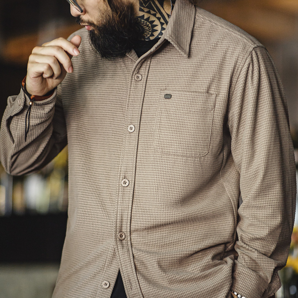 MADEN Retro Corn Plaid Shirt Polo Collar Solid Color Casual Loose Long Sleeve Shirt