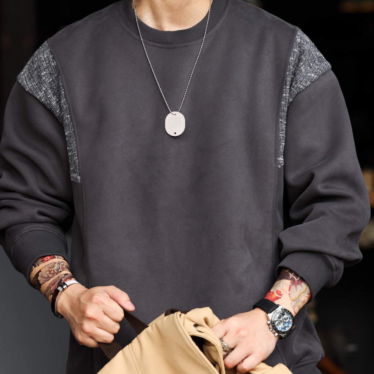 Autumn American Retro Round Neck Men's 420g Casual Top