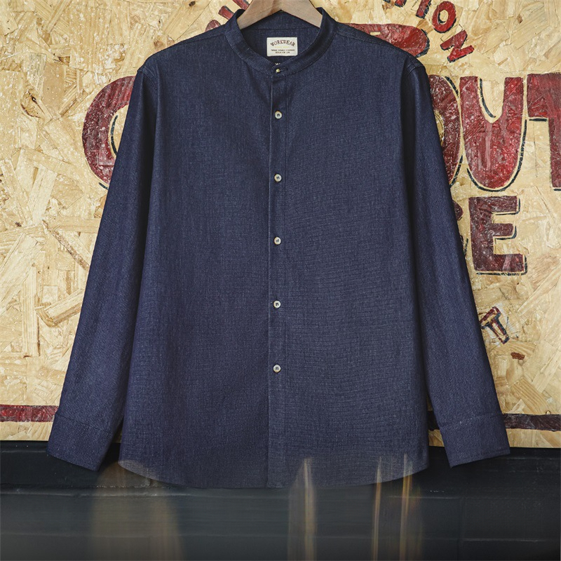 Maden retro cool Ice Silk denim shirt washed round neck casual long sleeved shirt jacket