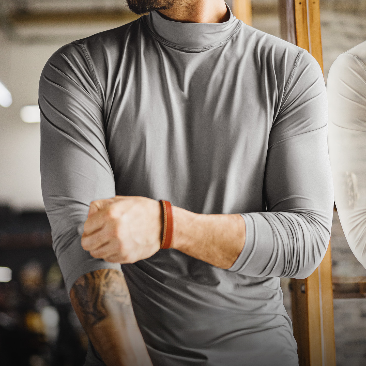 American style semi high neck fitness elastic gray slim fit ice silk long sleeved T-shirt