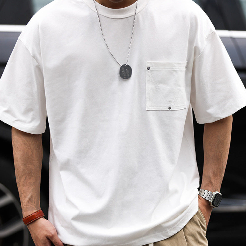 American style nail pocket men's loose round neck T-shirt