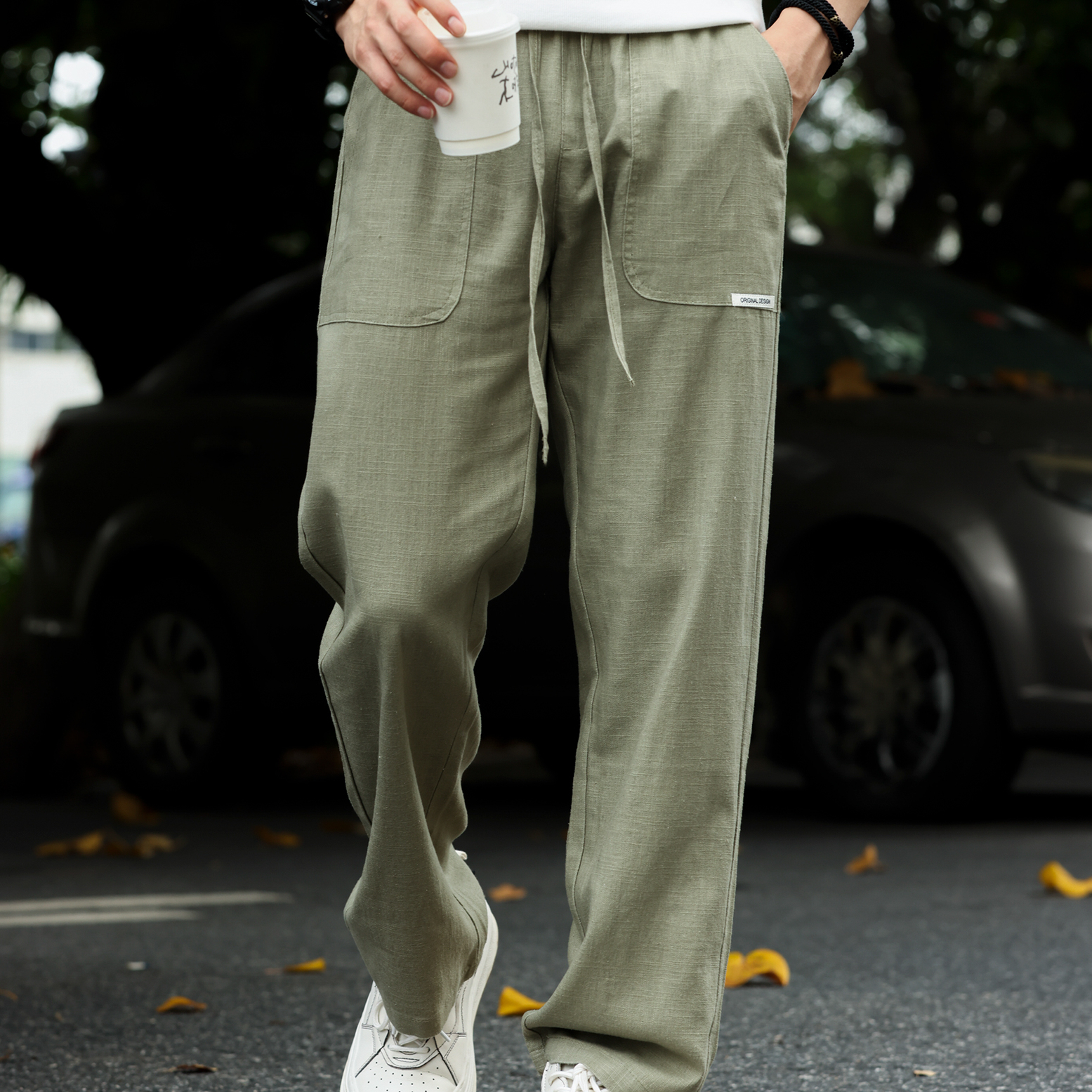 Summer American style breathable cotton and linen men's loose straight leg casual pants