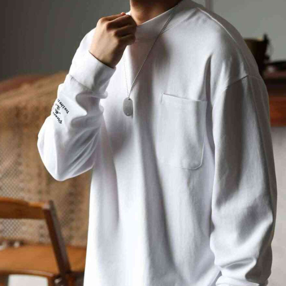 BGYO Thick 300g Casual Long Sleeve T-shirt for Men, Loose Small Collar, Casual Pocket Bottom, TEE