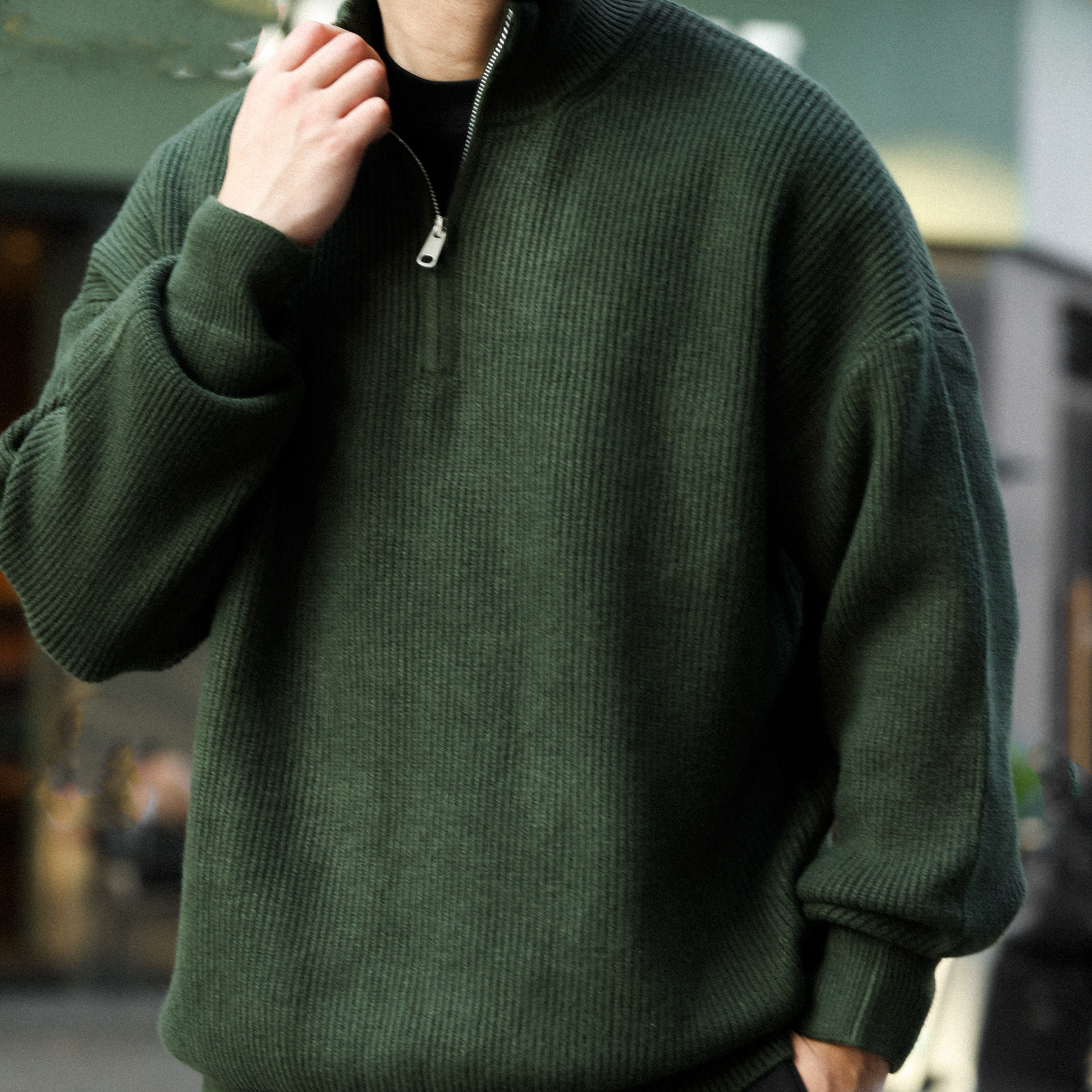 American Retro Half Zipper Stand Up Collar Men'S 700g Retro Lazy Style Warm Sweater Jacket