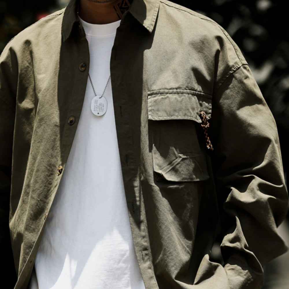 Outdoor mountain workwear shirt, men's army green light fermented washed water long sleeved high-end shirt