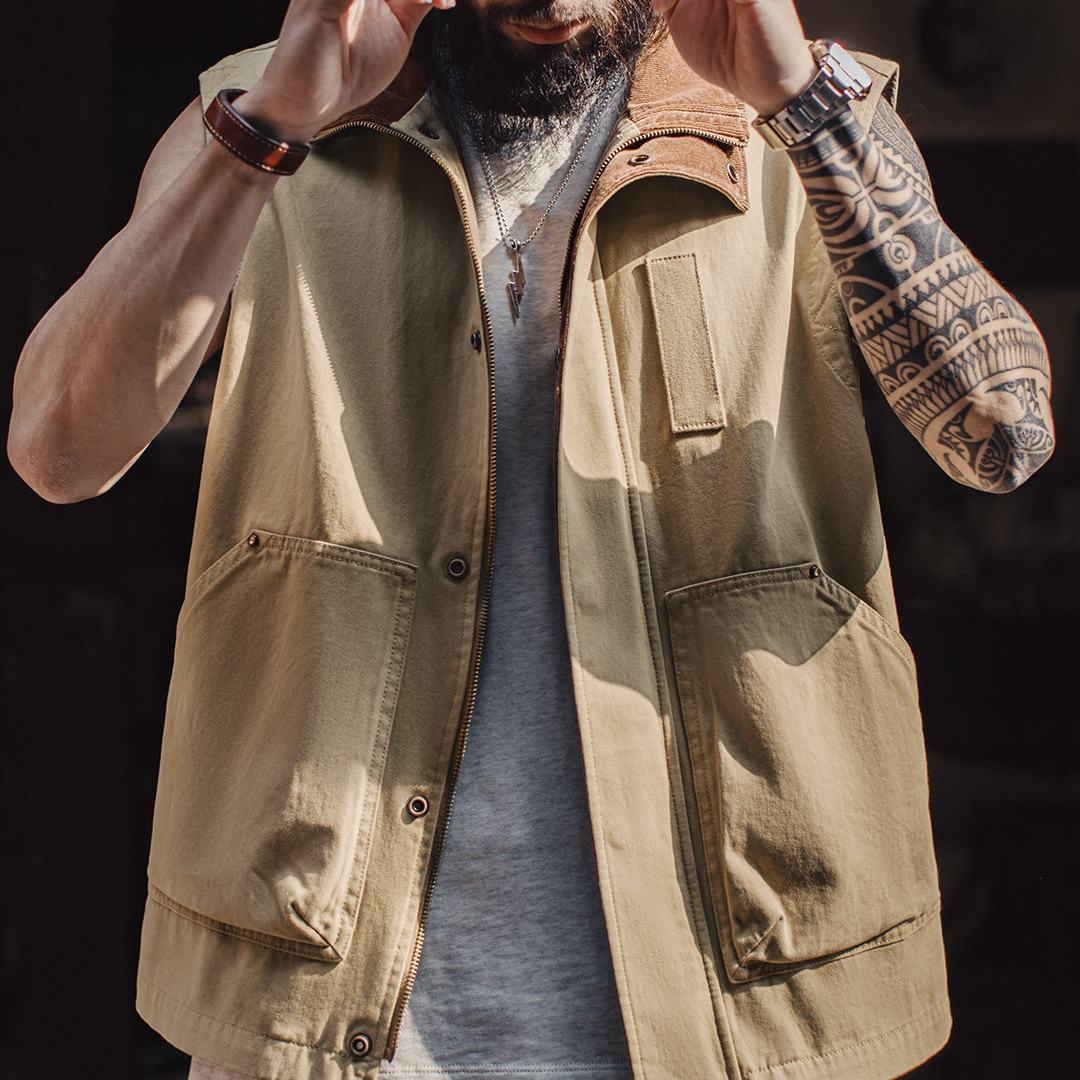 American Retro Safari Hunting Suit Pure Cotton Khaki Corduroy Vest