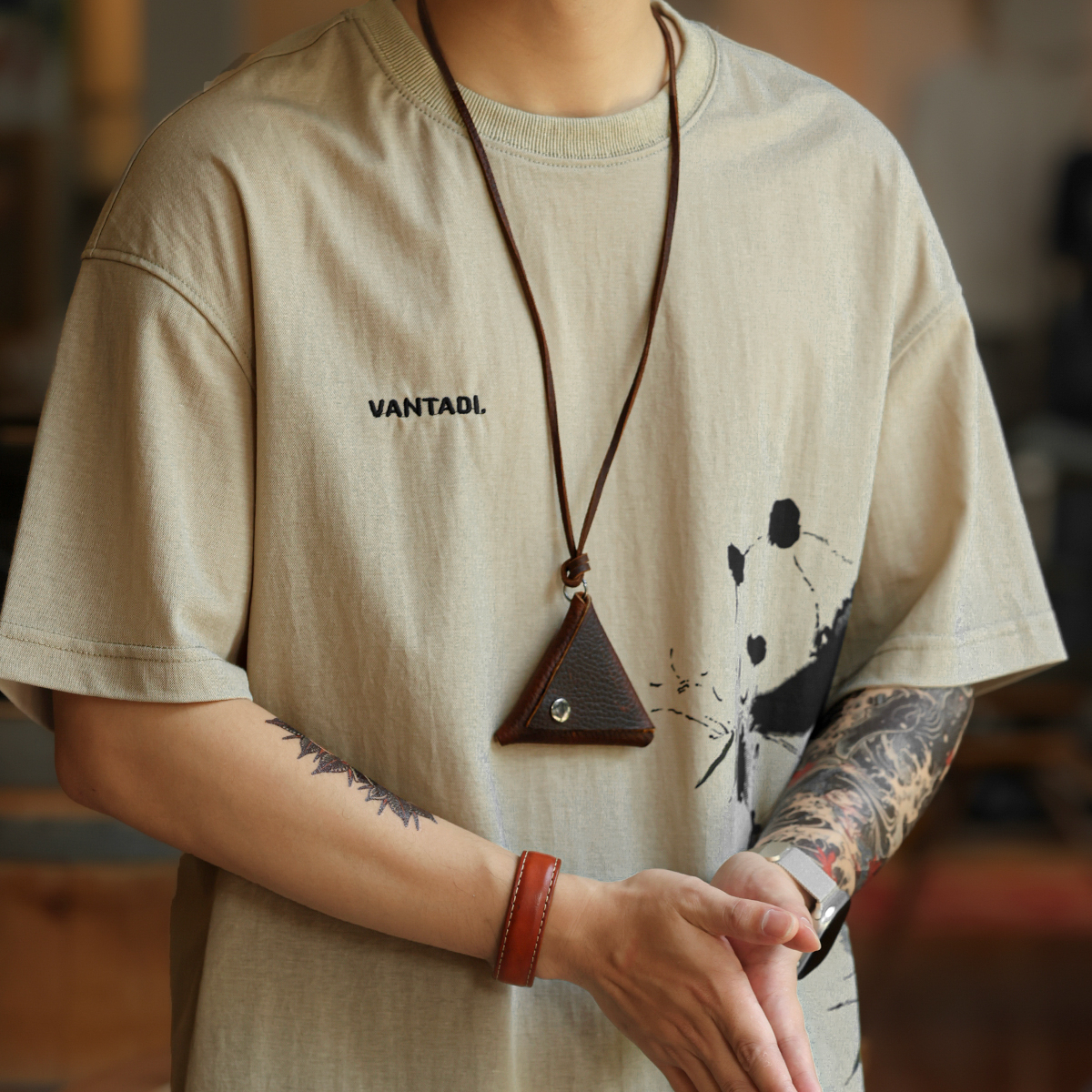 American casual 160g breathable linen men's panda printed T-shirt