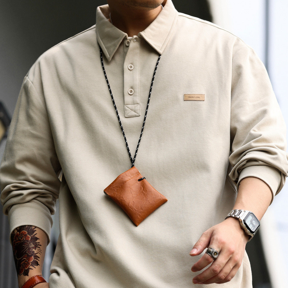 long sleeved polo shirt, loose and simple, with a high-end feel inside. Knitted collar T-shirt trendy