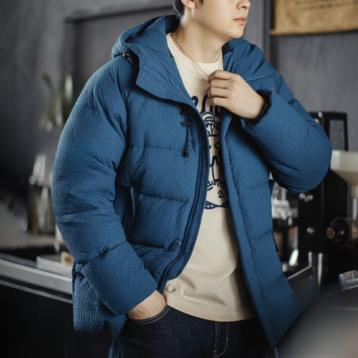 American Style Bubble Gauze 90 White Duck Down High Fluffiness Hooded Down Jacket