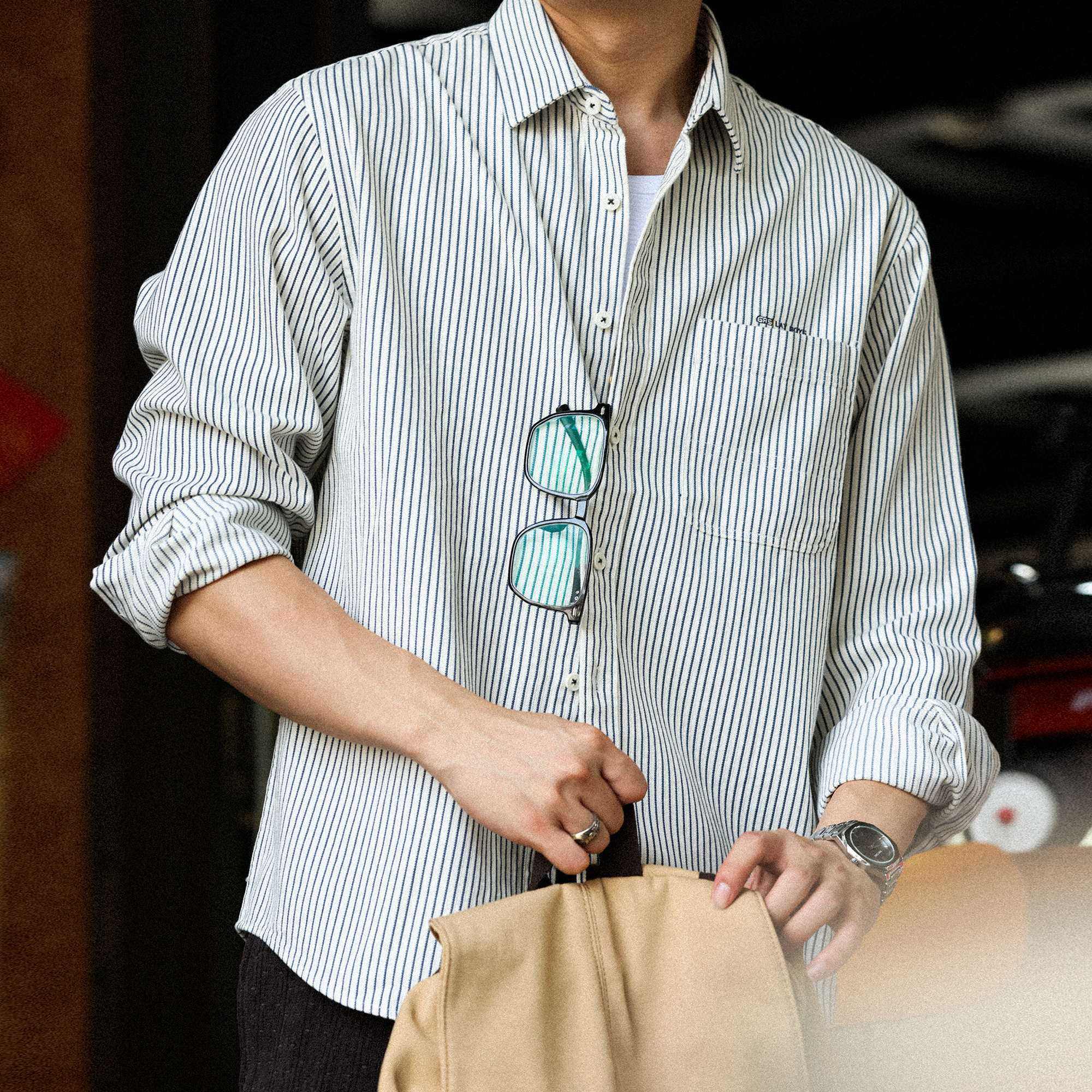 American Style Minimalist Contrasting Striped Men's Embroidered Pocket Shirt