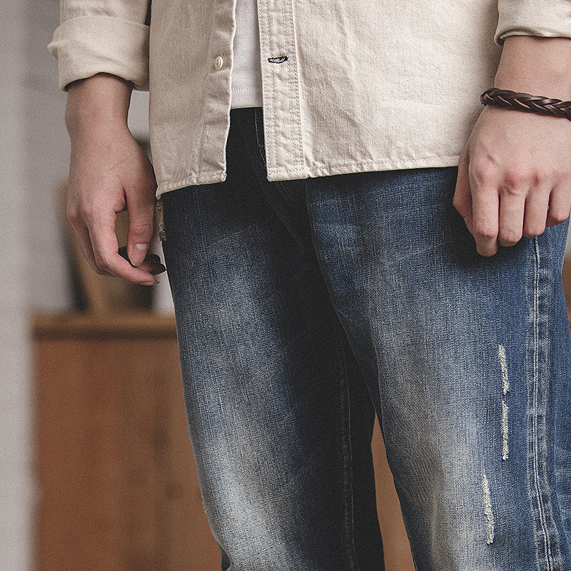 Maden Retro distressed washed red ear jeans slim fit straight leg distressed cropped pants