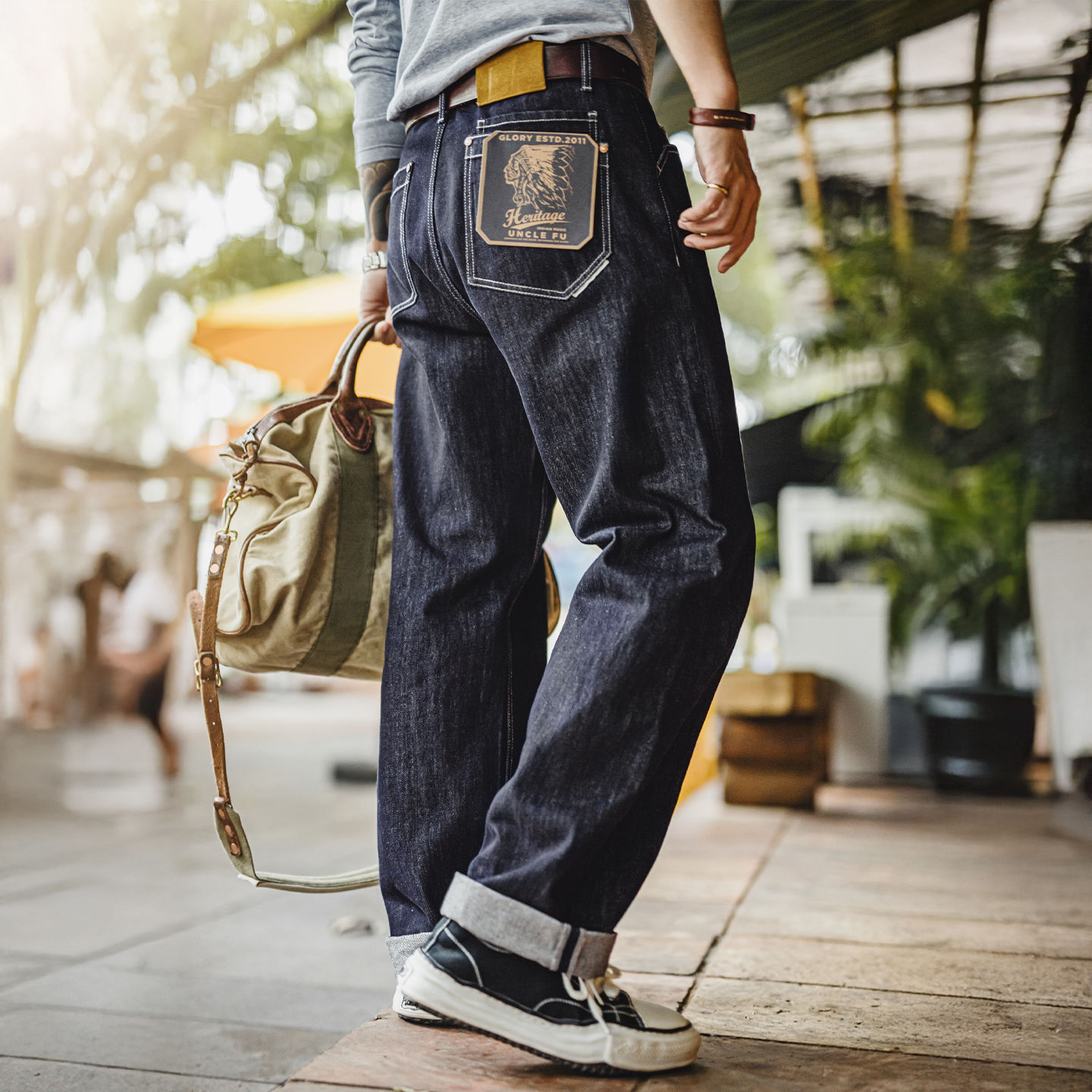 American Retro Original Cowhide Washed Straight Denim Casual Jeans