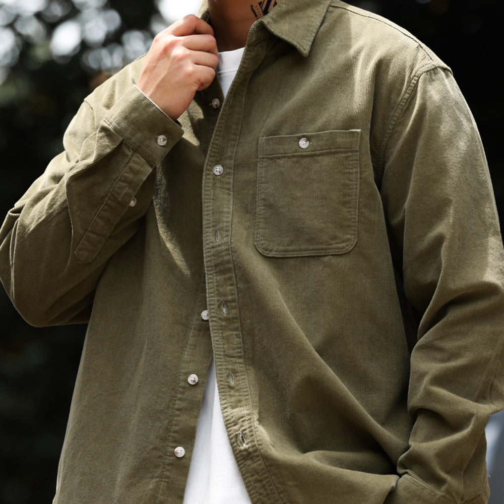 Collar corduroy long sleeved shirt for men, slightly wide casual drape