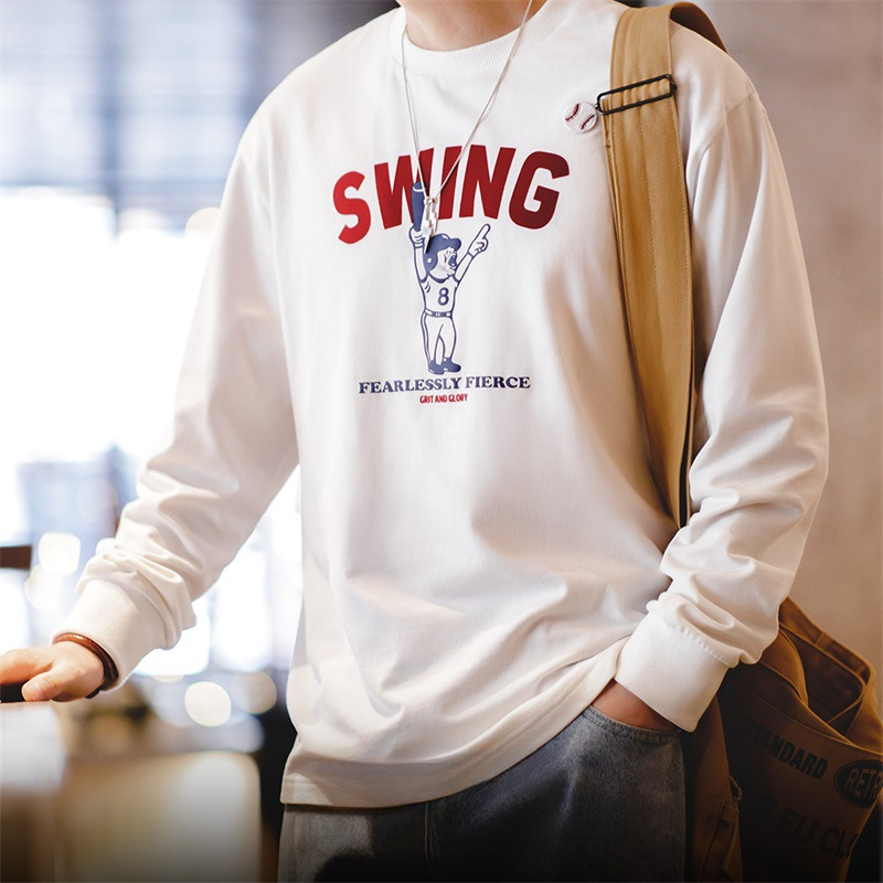 Maden Vintage Letter Baseball Print Long sleeved Round Neck with Pure Cotton Underlay