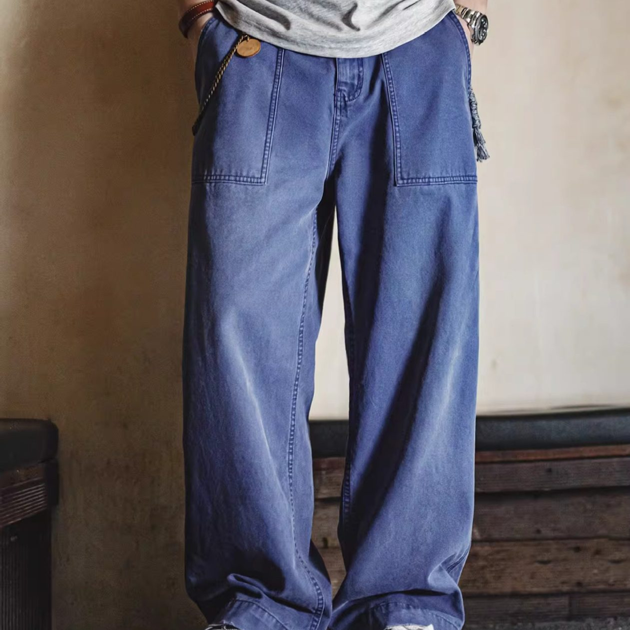 French Retro Blue Washed Canvas Loose Straight Leg Casual Pants