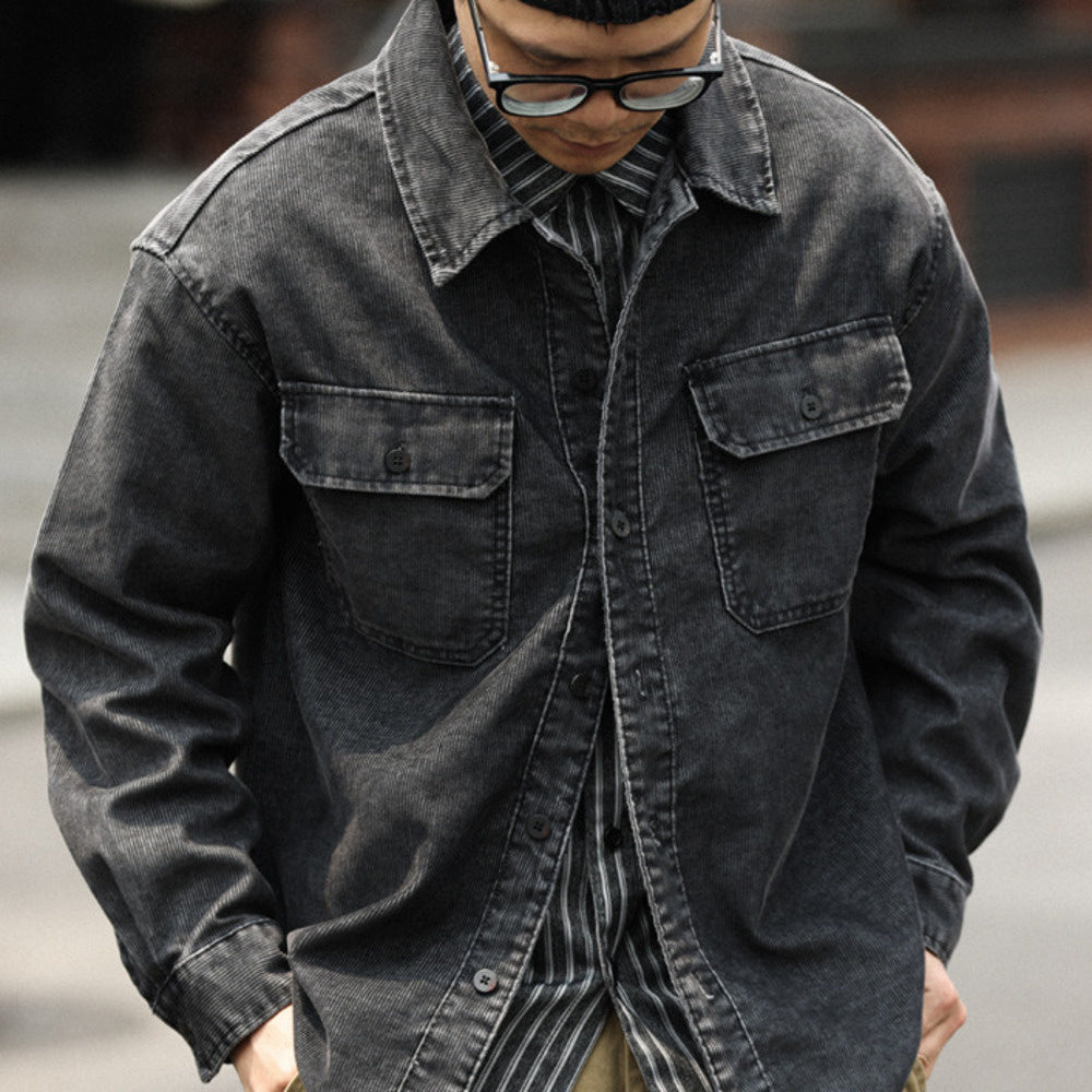 Casual Washed Long Sleeve Corduroy Shirt Layering Overlay 16 Pit Striped Textured Shirt