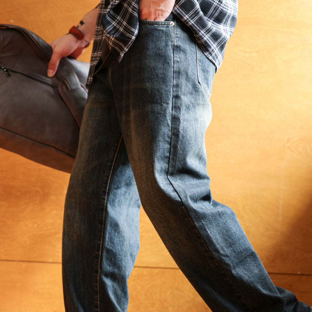 Washed blue jeans for men, loose straight leg with a sense of falling, casual wide leg dad pants