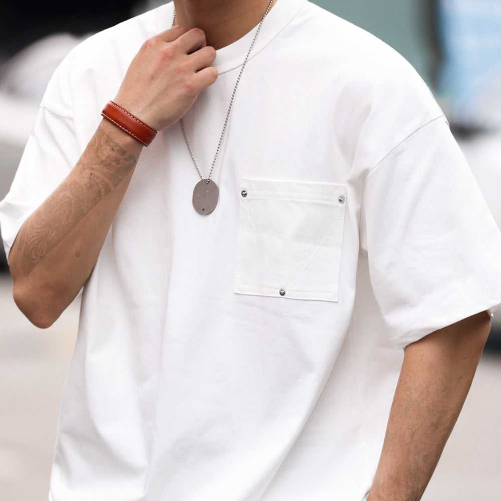 American style nail pocket men's loose round neck T-shirt