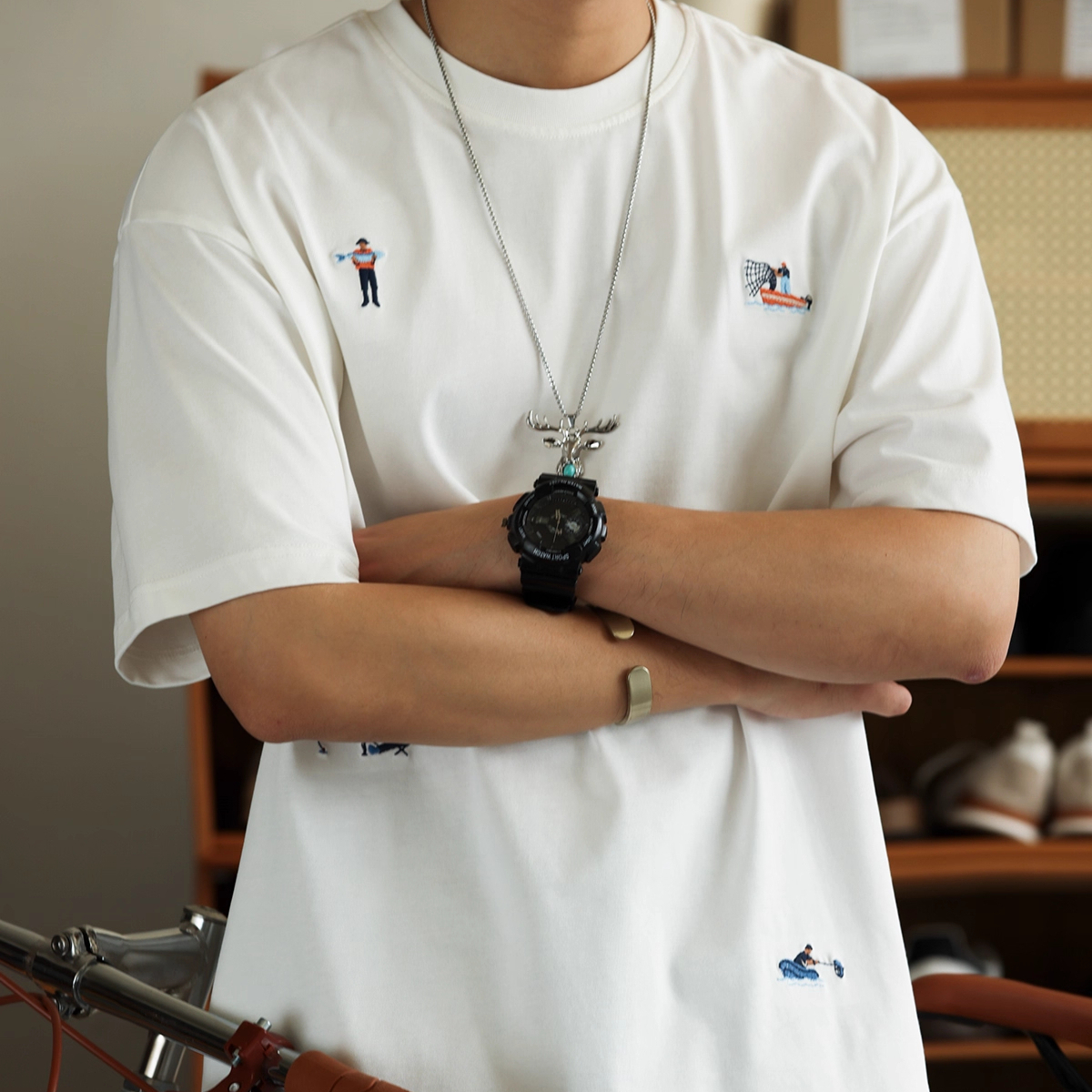 Fun embroidery men's 260g pure cotton round neck short sleeved T-shirt