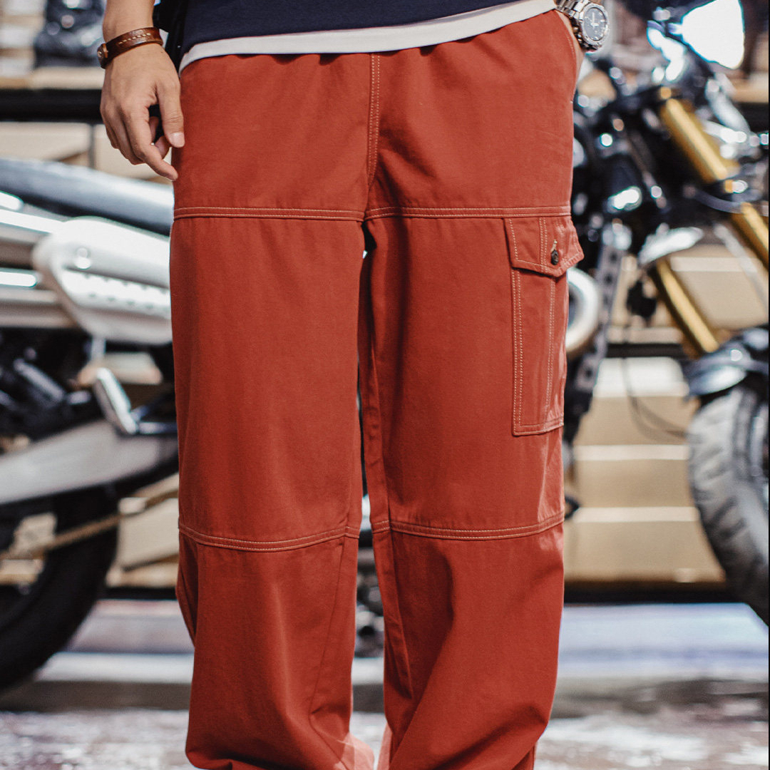American Retro Multi Pocket Brick Red Straight Leg Wide Leg Ankle Binding Work Pants