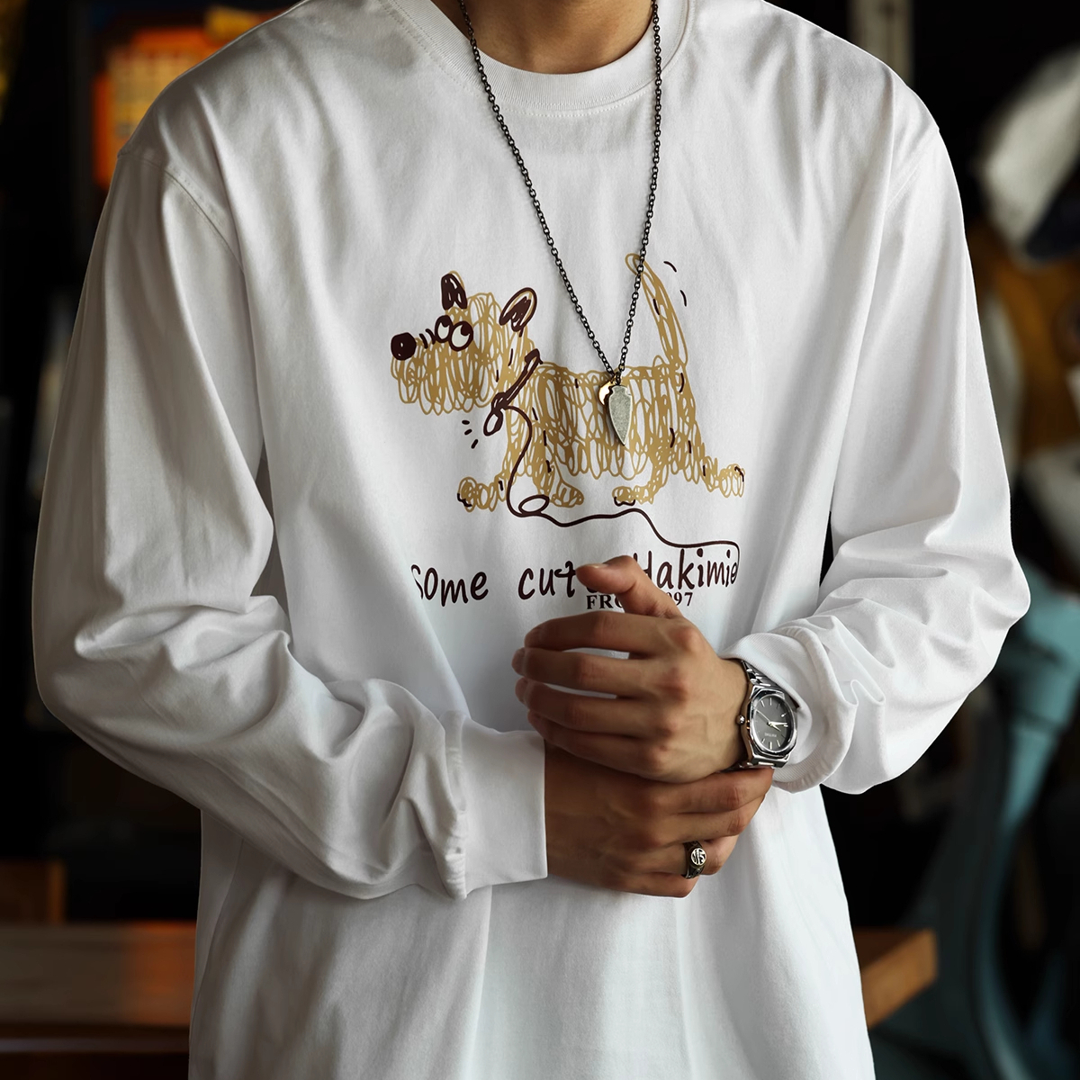 American Casual Line Graffiti Puppy Male 260g Cotton Long Sleeved T-Shirt