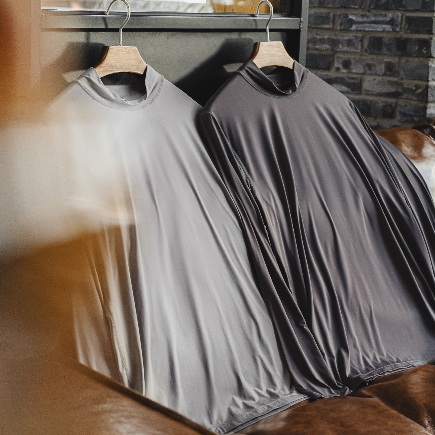 American style semi high neck fitness elastic gray slim fit ice silk long sleeved T-shirt