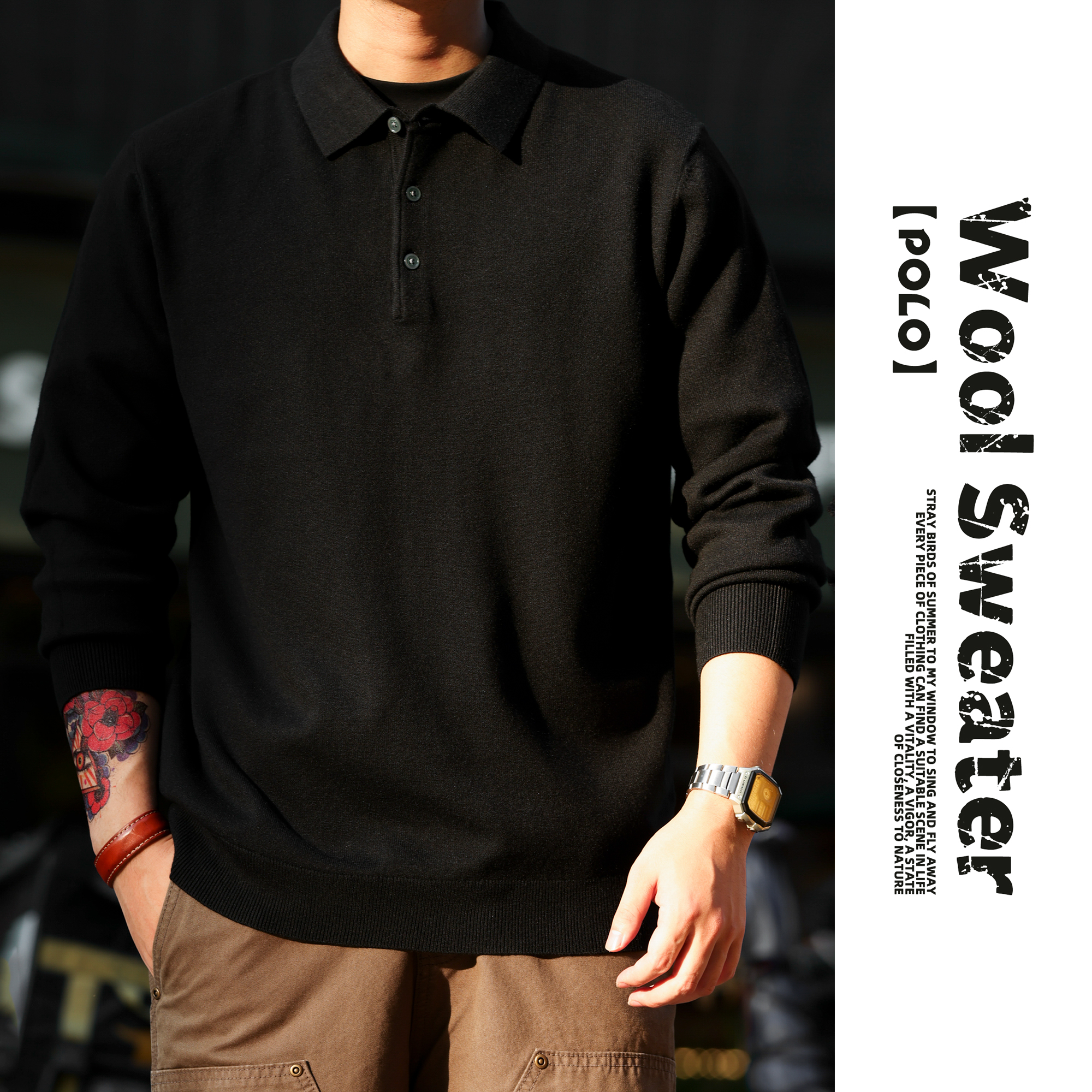 Casual long sleeved polo collar cotton wool sweater solid color lapel 