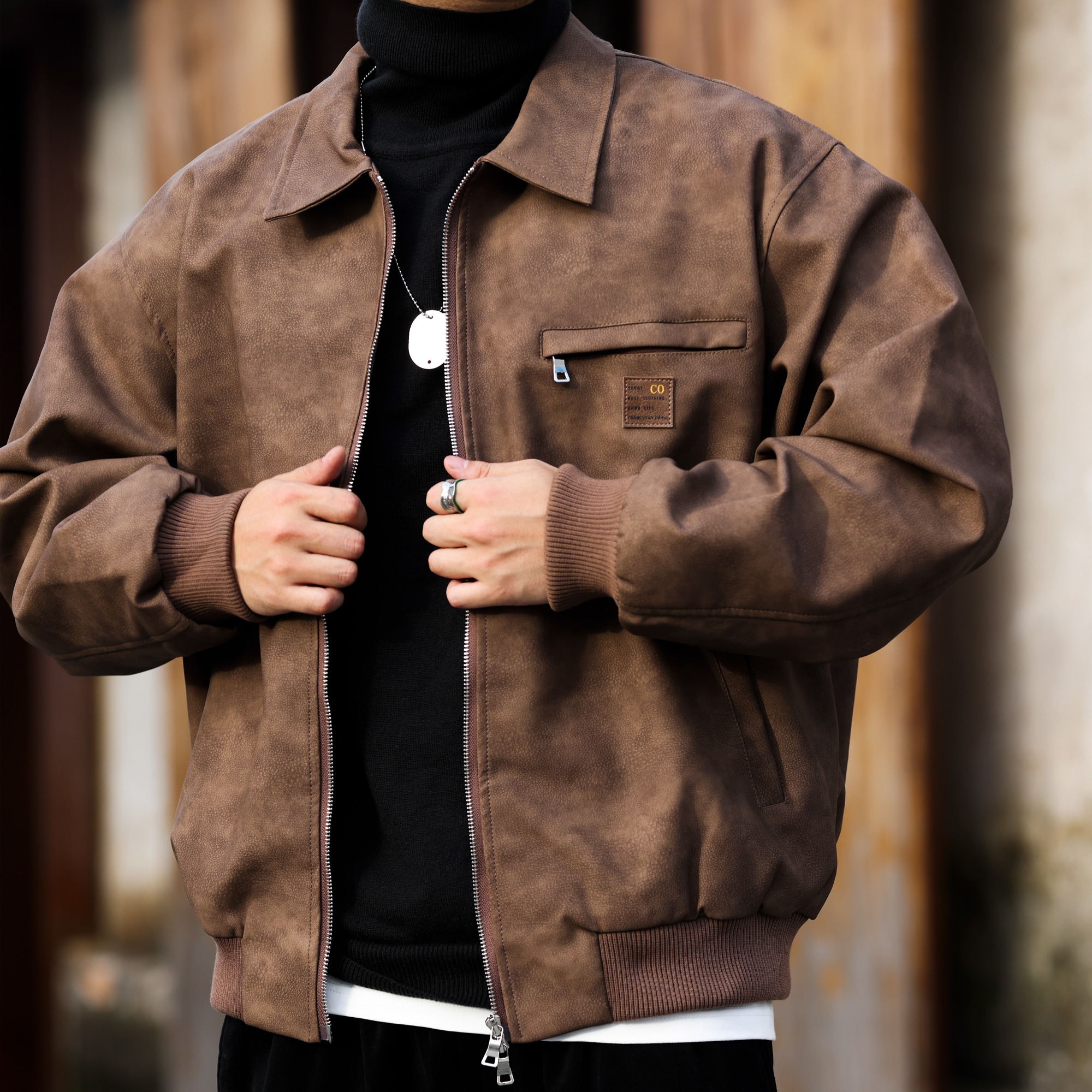 PU leather jacket men's cleanfit loose textured workwear Detroit hunting suit leather jacket