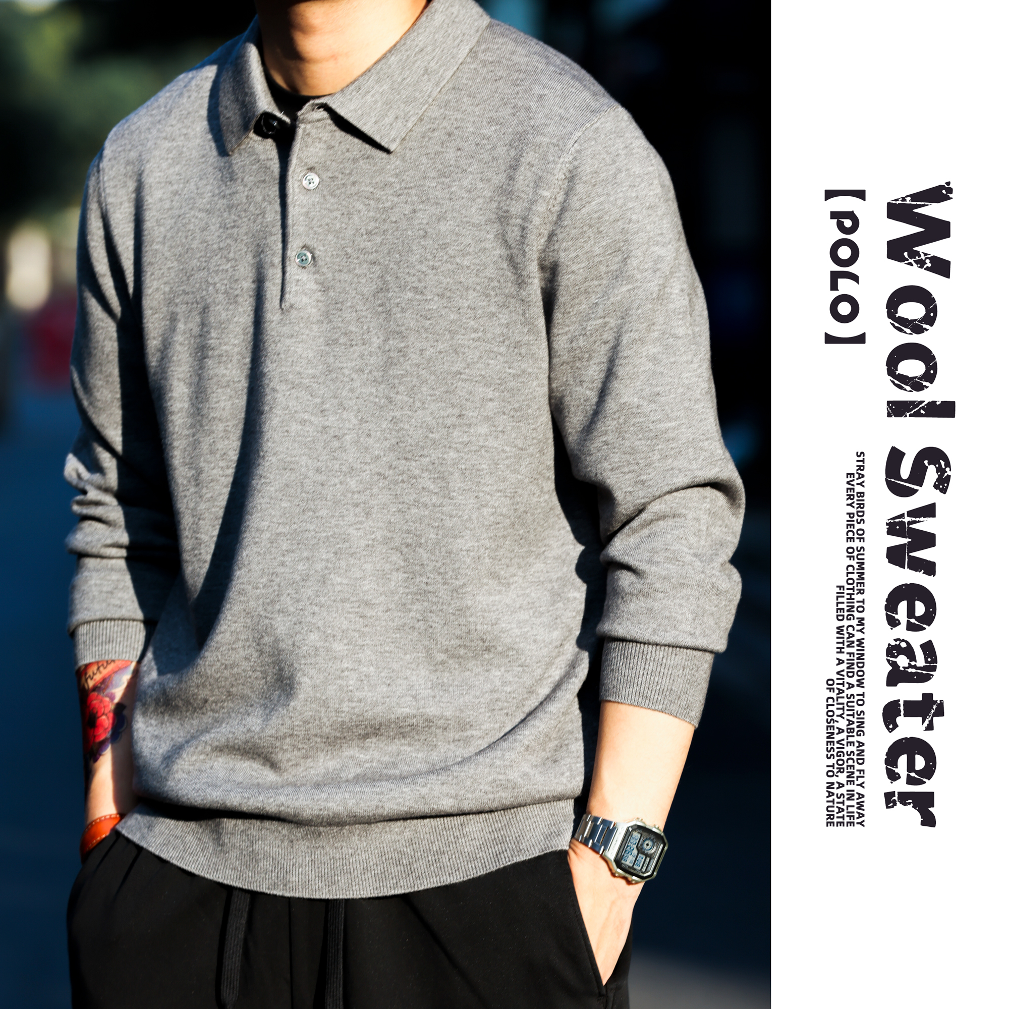 Casual long sleeved polo collar cotton wool sweater solid color lapel 