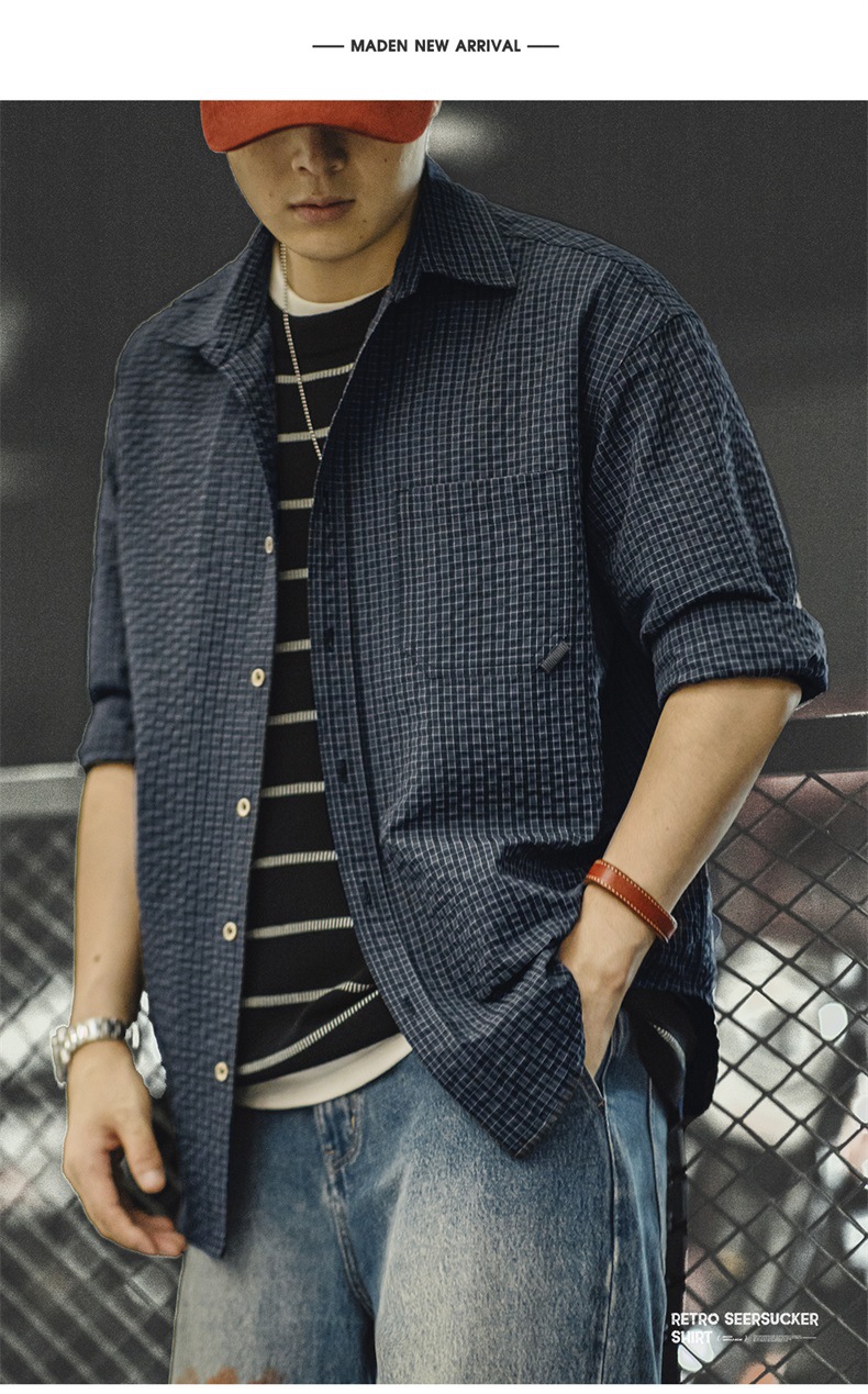 Maden retro bubble gauze plaid texture, lapel splicing long sleeved shirt jacket