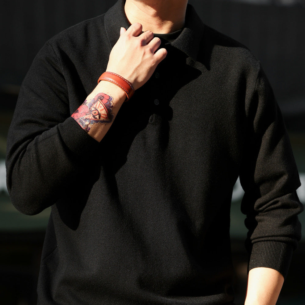 Casual long sleeved polo collar cotton wool sweater solid color lapel self heating warm knit top