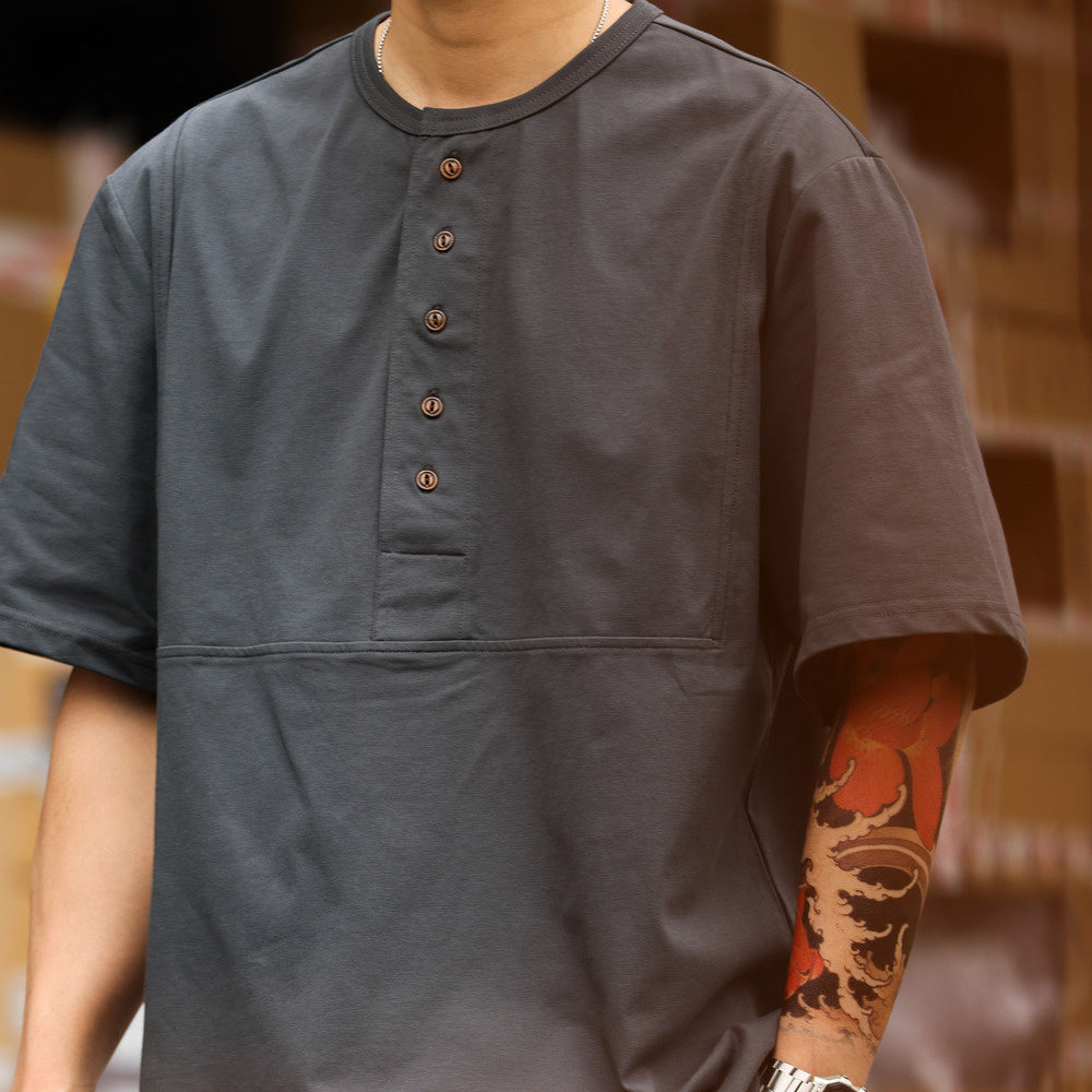 American retro Henry collar men's 240g multi button casual polo shirt