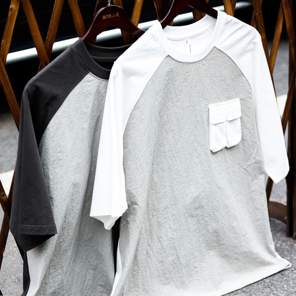 American retro sports men's loose outdoor casual patchwork pocket short sleeved T-shirt