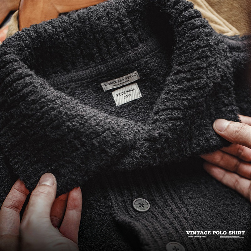 MADEN Retro Heavy Knitwear Polo Lapel Thermal Head Cover Thick Sweater