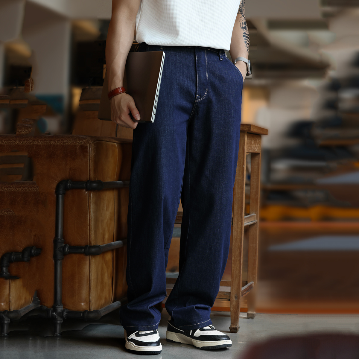 American retro mulberry silk original cow color men's loose straight leg jeans