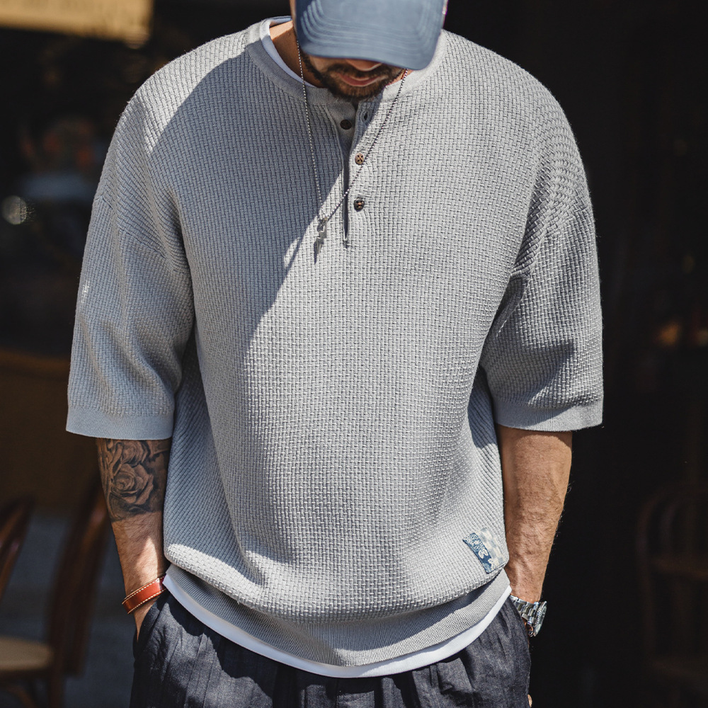 American Style Old Money Style Bamboo Knot Henry Collar Hanging Feeling Knitted Loose Half Sleeved T-Shirt