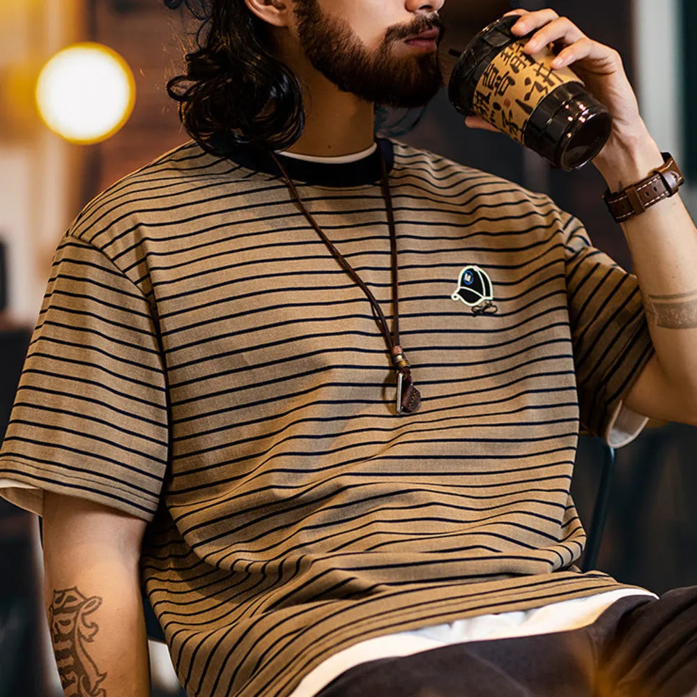 American retro slim striped men's embroidered short sleeved t-shirt