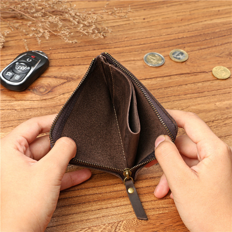 Retro men's top layer cowhide short zipper leather wallet