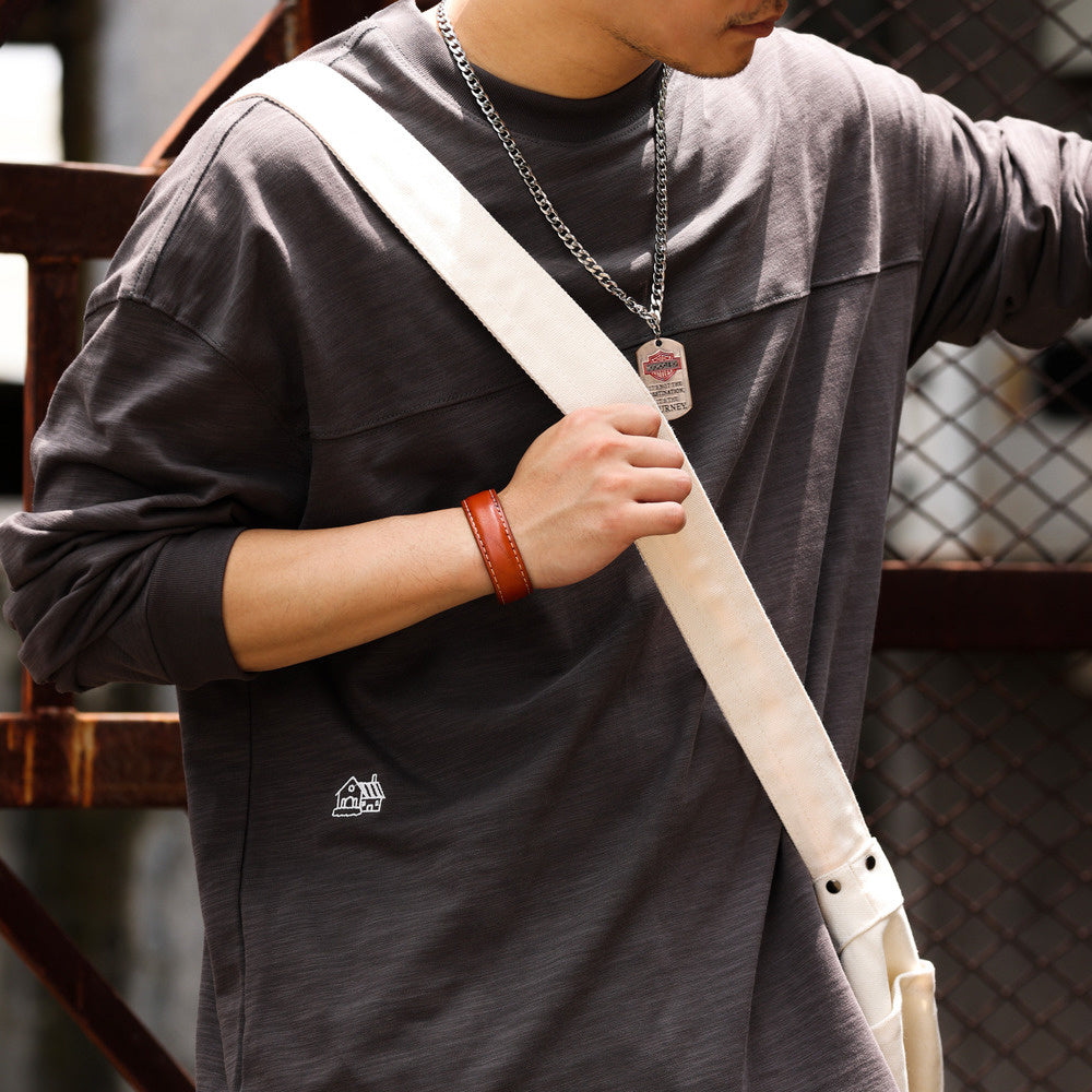 Casual 300g bamboo yarn long sleeved T-shirt with men's texture splicing design embroidered base shirt