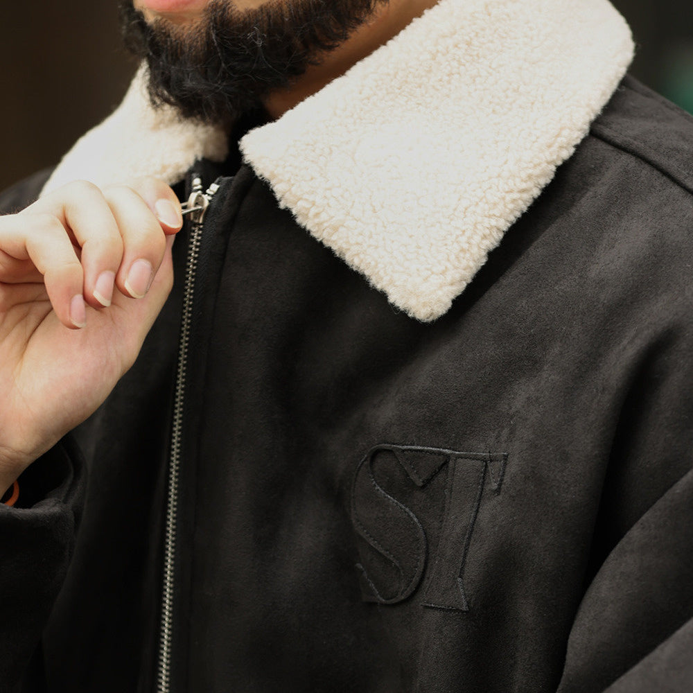 Retro vintage suede jacket, loose embroidery, thick clip cotton collar jacket, cotton jacket