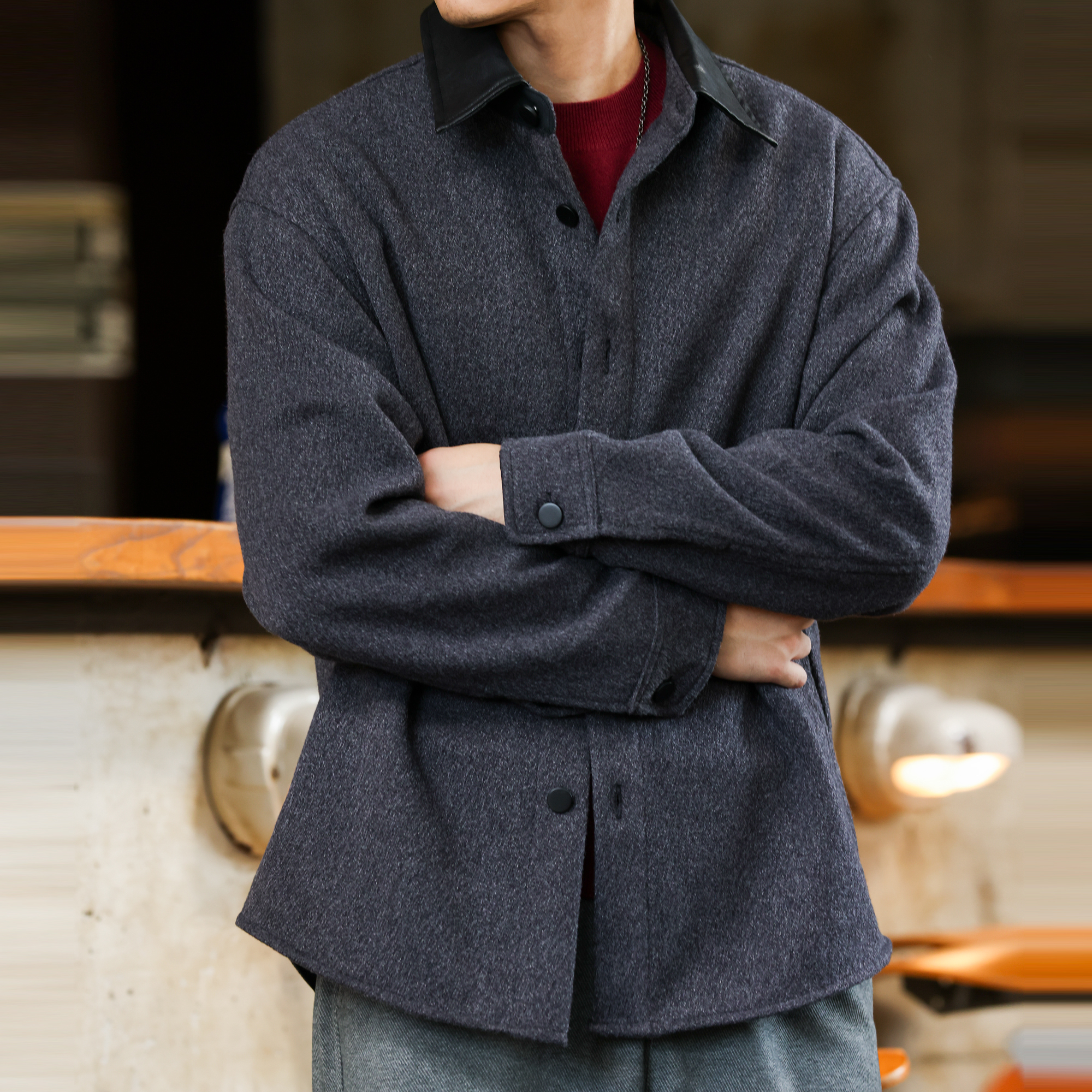 American Retro 720g Woolen Men'S Spliced Leather Lapel Jacket