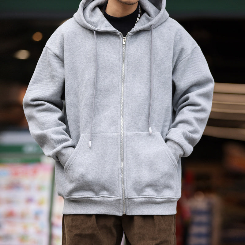 Heavy duty fleece cardigan hooded sweatshirt for men with loose pit stripes, paired with a warm jacket